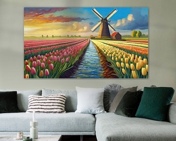 Moulin à vent dans un champ de tulipes au coucher du soleil, Pays-Bas sur Animaflora PicsStock