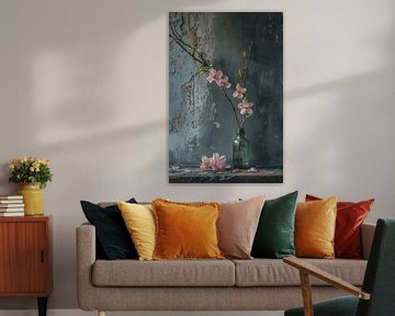 Pink flowers in transparent vase with concrete wall still life