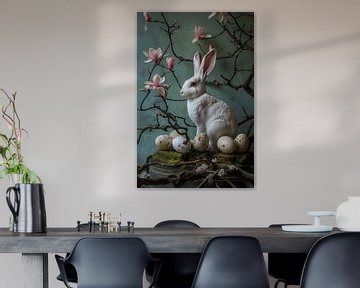 White rabbit with eggs and branches with pink flowers as still life