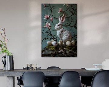 Lapin blanc avec oeufs et branches avec fleurs roses en nature morte sur Digitale Schilderijen