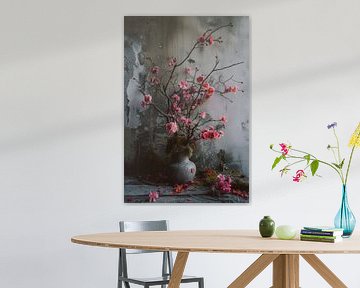 Stilleven van verlaten roze bloemen in een industrieele omgeving van Digitale Schilderijen