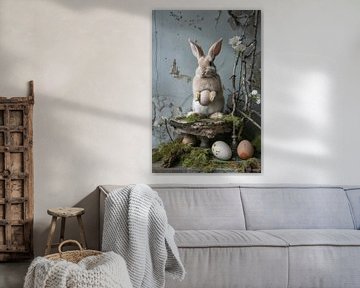 Stilleven van een konijn met eieren en  takken met bloemen van Digitale Schilderijen