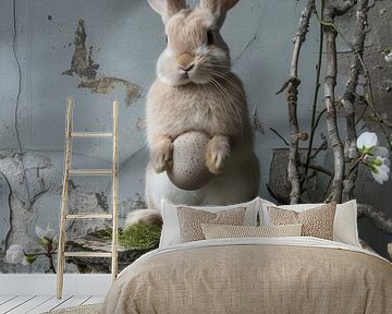 Stilleben eines Kaninchens mit Eiern und Zweigen mit Blumen von Digitale Schilderijen