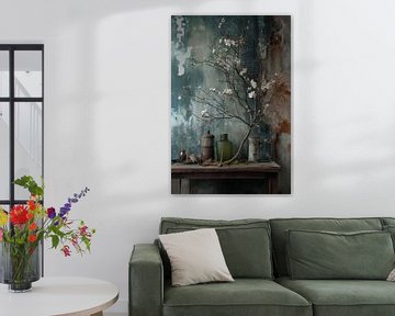 Industrielle Einstellung Stillleben Vasen und Blumen auf Holztisch von Digitale Schilderijen