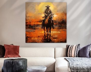 Cowboy on a horse abstract sunset by The Xclusive Art