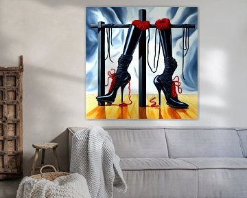 Patent leather boots on a wooden cross by Quinta Mandala