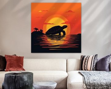 Schildpad silhouette zonsondergang op het strand Minimalisme van The Xclusive Art