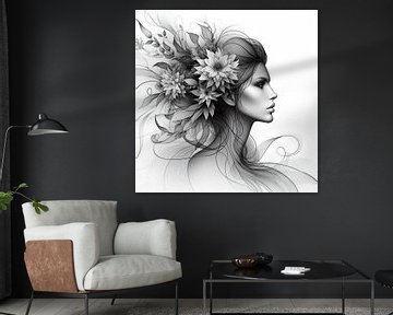 Portrait de femme avec des fleurs noir et blanc sur Jessica Berendsen