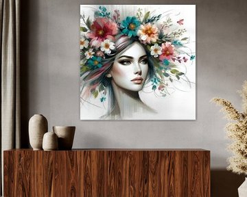 Vrouwenportret met kleurrijke bloemen in haar van Jessica Berendsen