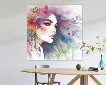 Portrait de femme avec des fleurs colorées dans les cheveux sur Jessica Berendsen