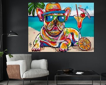 Bulldog Chill à la plage sur Happy Paintings