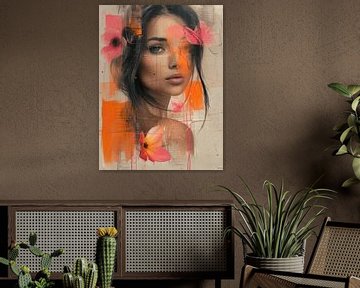 Modern en abstract portret in oranje en roze neon van Carla Van Iersel