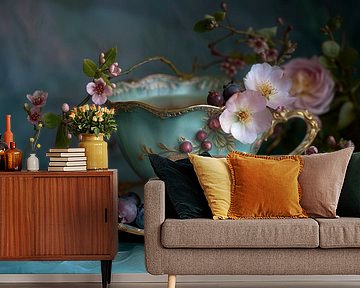 Romantic still life with a turquoise teacup, gold accents, flowers and berries by Joriali photography and paintings