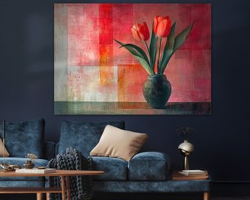 Stilleven Tulpen | Crimson Bloom Vase van Kunst Kriebels