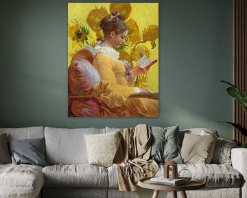 Lezend meisje, Jean-Honoré Fragonard - zonnebloemen van Digital Art Studio