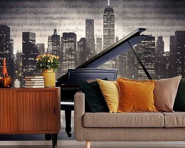 City Silhouette with Piano by De Muurdecoratie