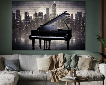 Silhouette de ville avec piano sur De Muurdecoratie