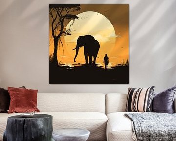 Elefant und Mensch Sonnenuntergang Minimalismus von The Xclusive Art