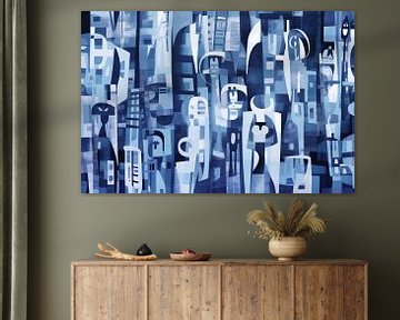 Abstraction bleue Paysage urbain sur De Muurdecoratie