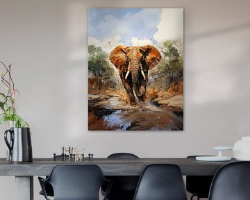 watercolour painting of an elephant walking through a pond