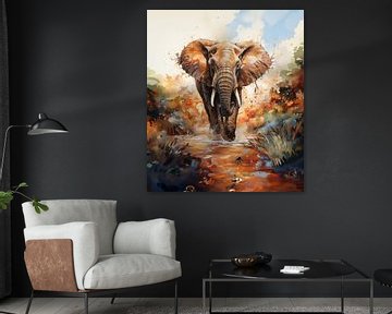 waterverf schilderij van een olifant die door een waterplas loopt van Margriet Hulsker