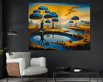 Surreal landscape with trees and water
