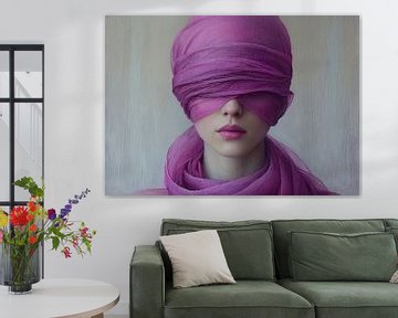 Vrouw Paarse Blinddoek | Hidden Beauty Unveiled van Kunst Kriebels