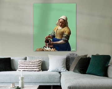 Vermeer Milkmaid as Milk Spilling Girl - pop art green by Miauw webshop