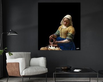 Vermeer Milkmaid as Milk Bunting Girl pop art noir sur Miauw webshop