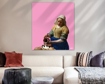 Vermeer Melkmeisje als Melkmorsmeisje popart roze van Miauw webshop