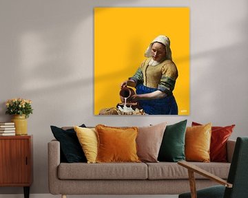 Vermeer Milkmaid as Milk Spill Girl - pop art mustard yellow