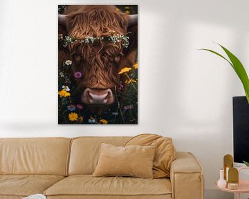 Natural Charm - Scottish Highlander and Meadow Flowers by Eva Lee