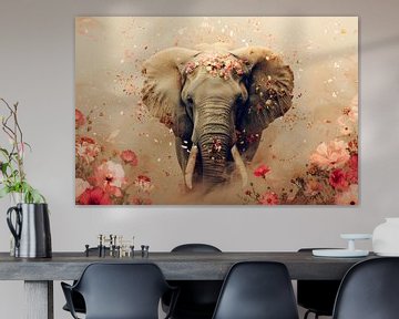 Bloesemomhelzing - Olifant in Pastel Paradijs - beige roze van Eva Lee
