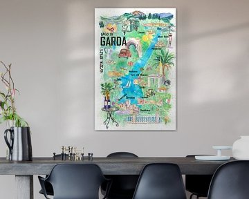 Lake Garda Italy Illustrated map with roads and tourist highlights