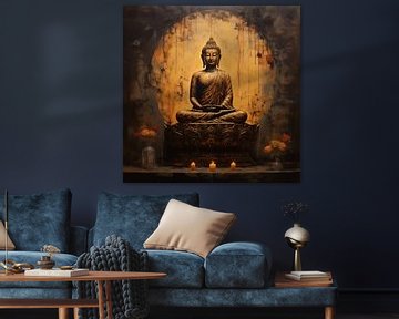 Buddha(boeddha) in bloemen donkergeel van TheXclusive Art