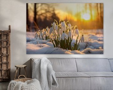 Magnifiques fleurs blanches de perce-neige qui s'épanouissent dehors dans la neige, coucher de soleil