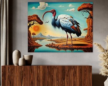 Ibis vogel in een surrealistisch landschap van Betty Maria Digital Art