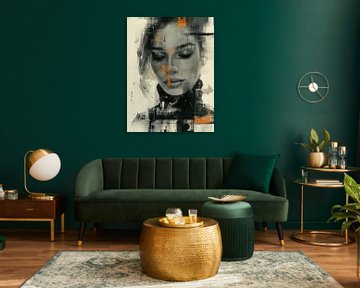 Modern en abstract portret in zwart en oranje van Carla Van Iersel