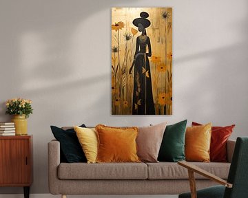 Sommerliches und farbenfrohes Gemälde einer Afrikanerin in dunkler Tracht