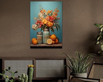 Szenische Darstellung eines Stilllebens mit Blumen und Blechdosen