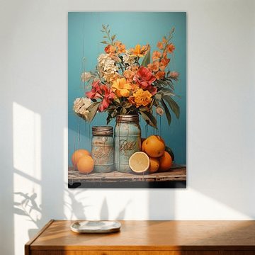 Représentation scénique d'une nature morte avec des fleurs et des boîtes de conserve