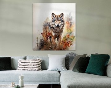 watercolour painting of a wolf standing among tall grasses by Margriet Hulsker