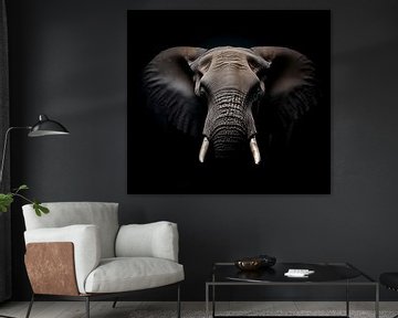 Schwarz-Weiß-Fotowiedergabe eines Elefantenkopfes vor schwarzem Hintergrund
