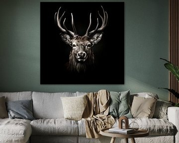 dramatic portrait of a red deer with large antlers