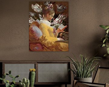 Lezend meisje, Jean-Honoré Fragonard - bloemenbehang van Digital Art Studio