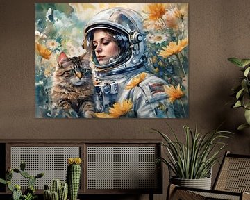 Astronaut mit Katze in Blumenwiese von Retrotimes