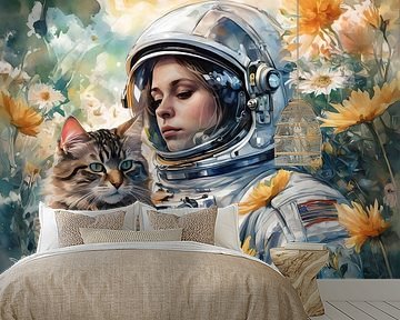 Astronaut with cat in flower meadow