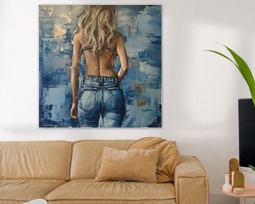 Elegante Frau in Jeans mit nacktem Rücken - Vintage-Gemälde von Surreal Media