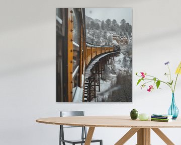 Stoomlocomotief trein door een besneeuwd landschap van fernlichtsicht