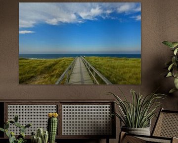 Een pad in de duinen met uitzicht op de blauwe zee van Oliver Lahrem